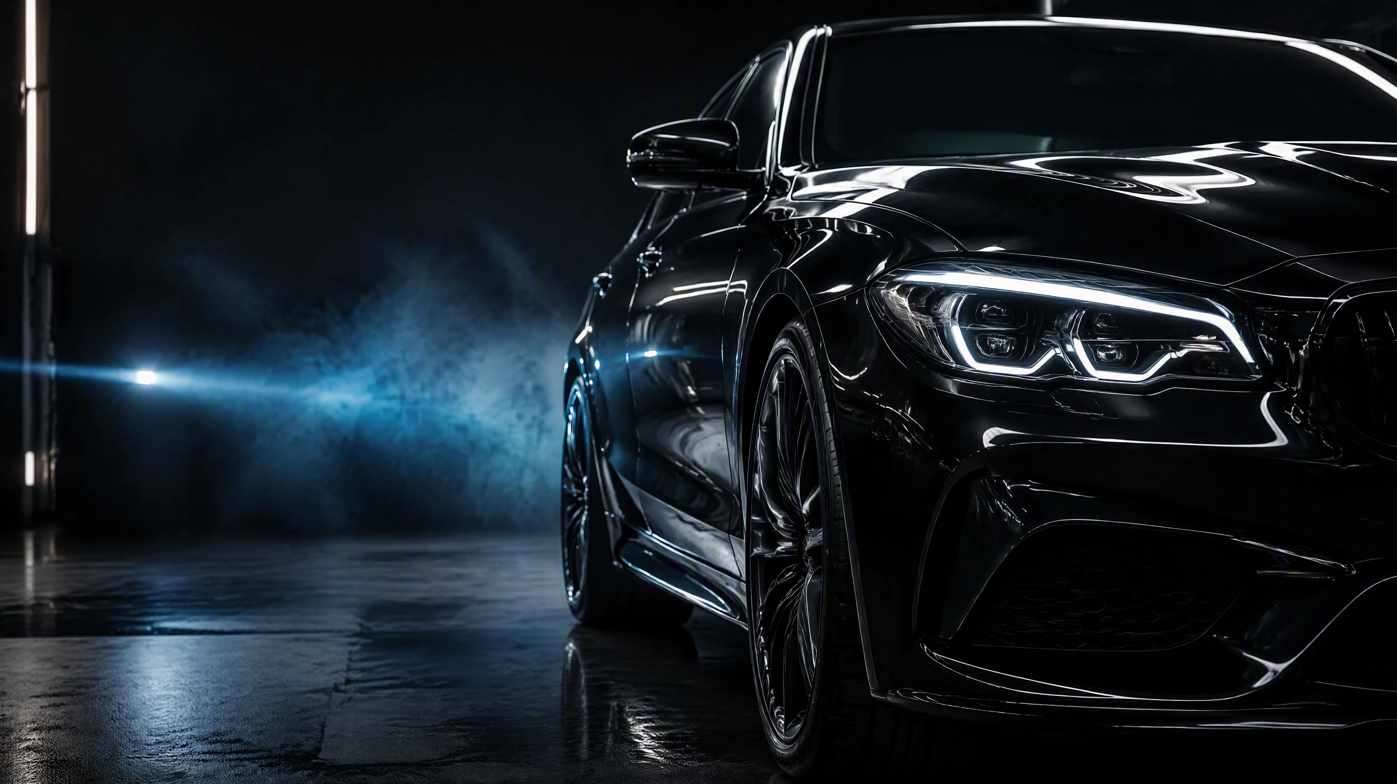 Automóvil negro con acabado brillante en un estudio de detailing